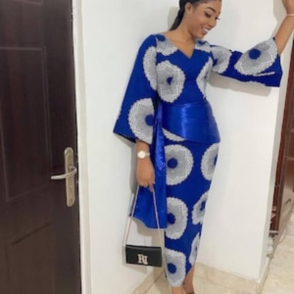 Blue White African Ankara Dress - Picture 1 of 7